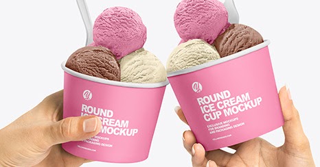 An entirely editable and adjustable ice cream cone in hand mockup featuring one large scoop of your favorite ice cream flavor. Paper Ice Cream Cups In Hands Mockup